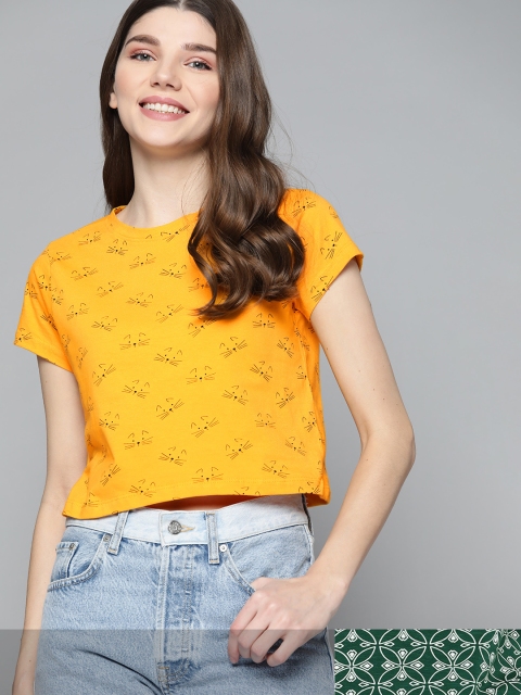 

Mast & Harbour Women Pack of 2 Printed Pure Cotton Tshirts, Yellow