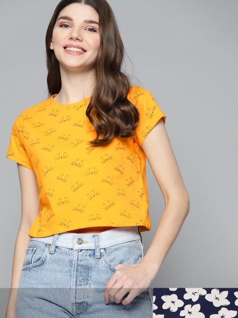 

Mast & Harbour Women Pack of 2 Printed Pure Cotton Tshirts, Mustard