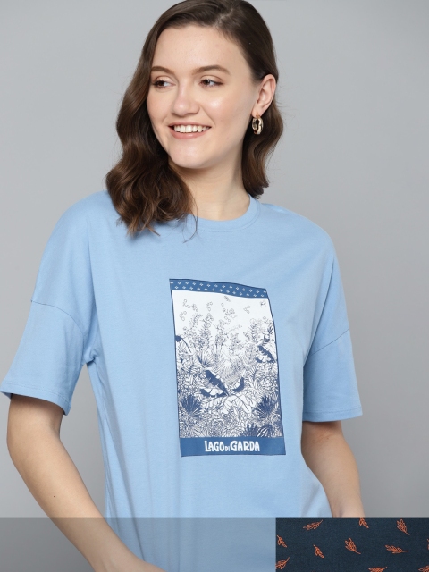 

Mast & Harbour Women Blue Floral 2 Printed T-shirt