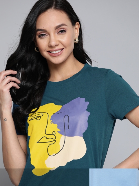 

Mast & Harbour Women Pack of 2 Cotton T-shirts, Teal