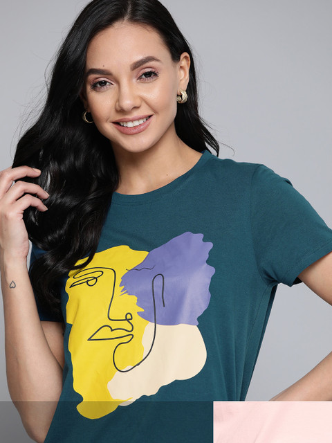 

Mast & Harbour Women Pack of 2 Cotton T-shirts, Teal