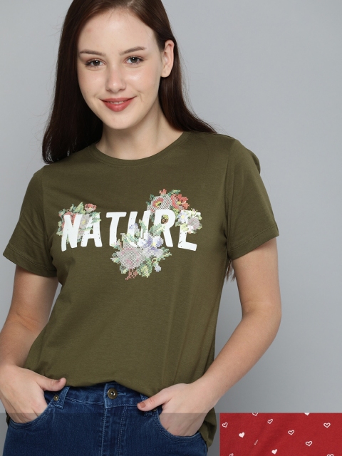 

Mast & Harbour Women Pack of 2 Cotton T-shirts, Olive