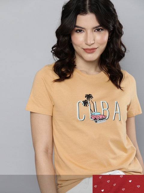 

Mast & Harbour Women Beige & Maroon Typography 2 Printed T-shirt