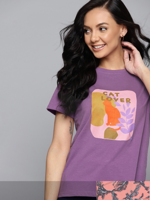 

Mast & Harbour Women Pack of 2 Cotton T-shirts, Purple