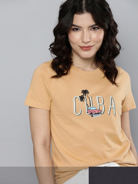 

Mast & Harbour Women Pack of 2 Cotton T-shirts, Beige