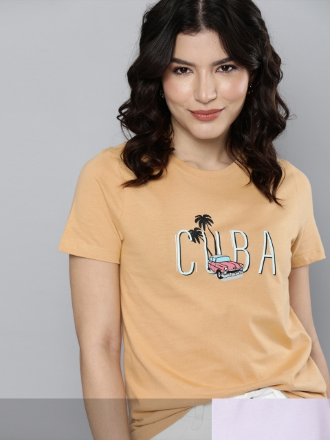 

Mast & Harbour Women Pack of 2 Cotton T-shirts, Beige