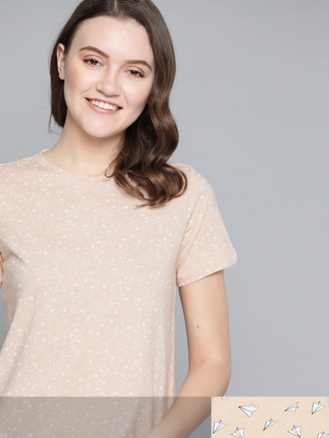 

Mast & Harbour Women Pack of 2 Printed Pure Cotton T-shirt, Beige