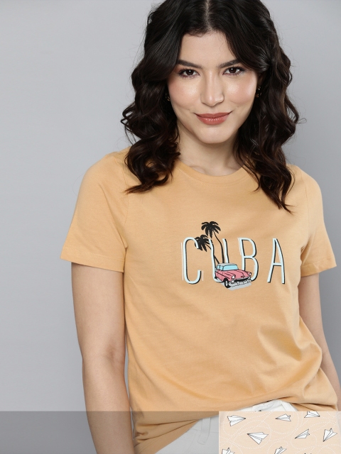 

Mast & Harbour Women Pack of 2 Printed Pure Cotton T-shirt, Beige