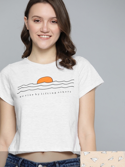 

Mast & Harbour Women Pack of 2 Printed Pure Cotton T-shirt, Beige