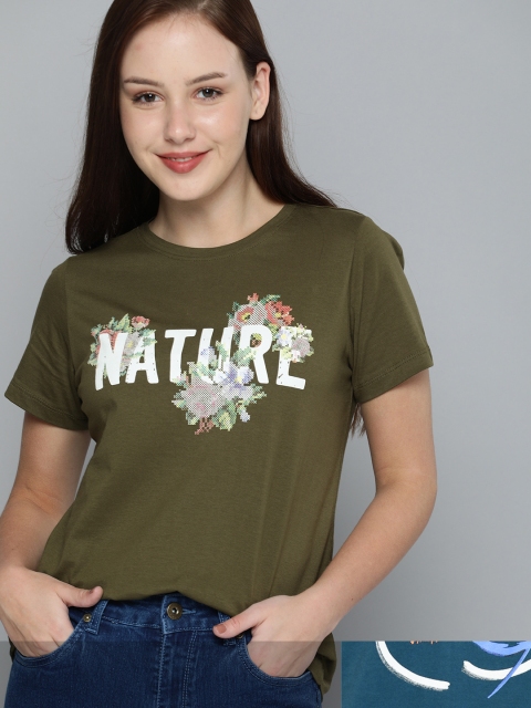 

Mast & Harbour Women Pack of 2 Printed Pure Cotton T-shirt, Teal