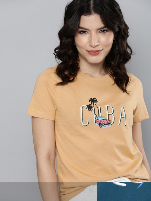 

Mast & Harbour Women Pack of 2 Printed Pure Cotton T-shirt, Beige