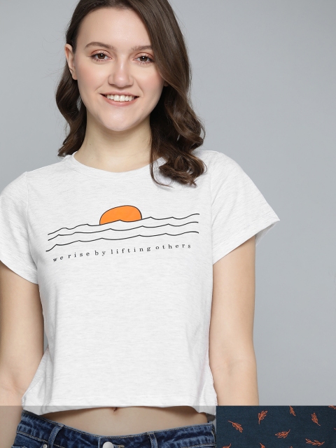 

Mast & Harbour Women Pack of 2 Printed Pure Cotton T-shirt, Navy blue