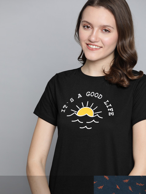 

Mast & Harbour Women Pack of 2 Printed Pure Cotton T-shirt, Navy blue