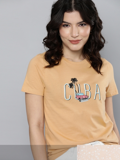 

Mast & Harbour Women Pack of 2 Printed Pure Cotton T-shirt, Beige