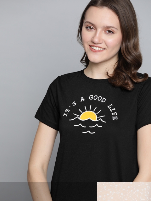 

Mast & Harbour Women Pack of 2 Printed Pure Cotton T-shirt, Black