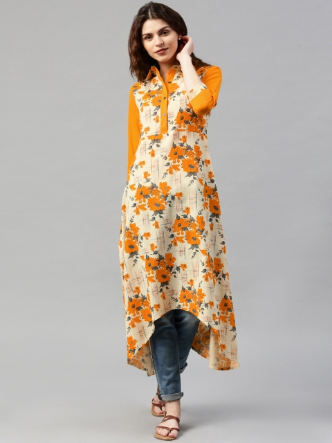 

Libas Cream-Coloured & Orange Floral Print A-Line Kurta