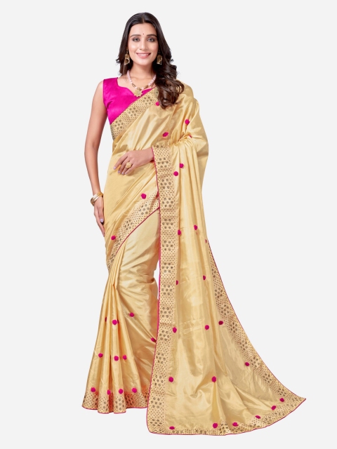 

SIRIL Golden-Coloured & Pink Embellished Beads and Stones Silk Cotton Saree, Gold