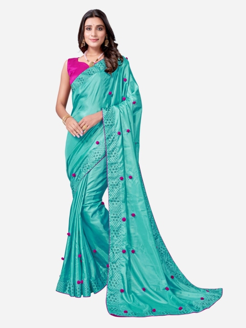 

SIRIL Turquoise Blue & Pink Beads and Stones Silk Cotton Saree