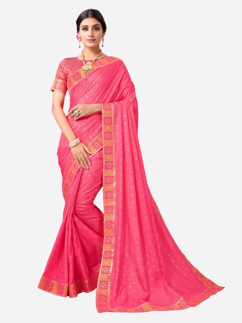 

SIRIL Pink & Yellow Ethnic Motifs Woven Design Poly Silk Saree