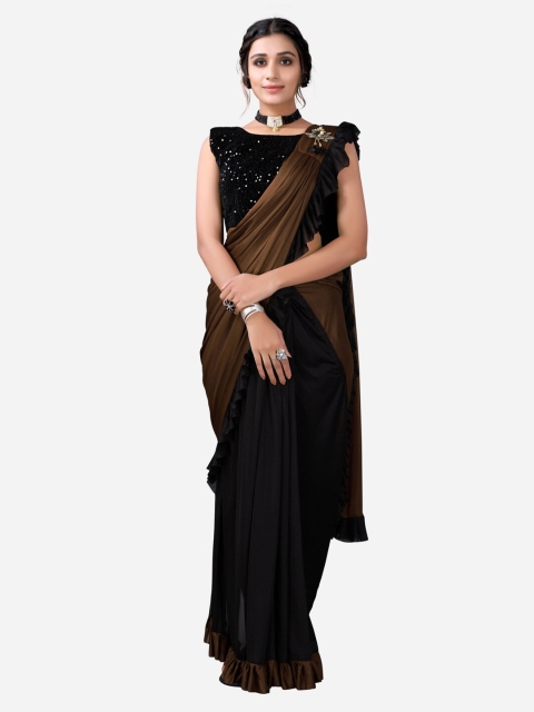 

SIRIL Brown & Black Solid Poly Silk Ready To Wear Saree
