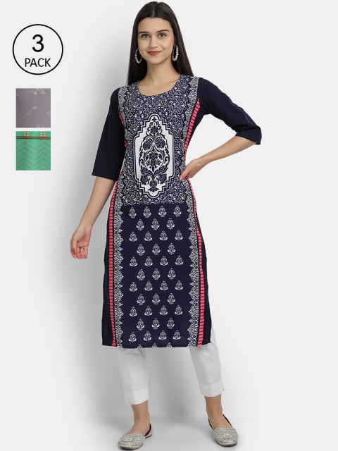 

Ethnic basket Women Pack of 3 Digital Printed Straight Kurtas, Navy blue