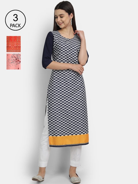 

Ethnic basket Women Pack of 3 Digital Printed Straight Kurtas, Black