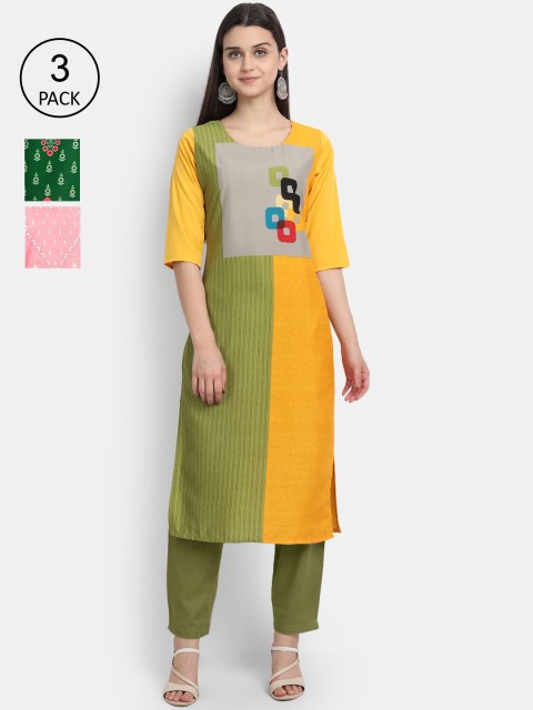

Ethnic basket Women Pack Of 3 Multicoloured Ethnic Motifs Printed Crepe Kurta, Multi