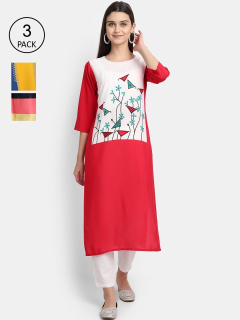 

Ethnic basket Women Pack of 3 Ethnic Motifs Printed Crepe Kurta, Red