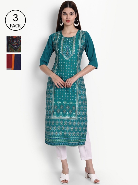

Ethnic basket Women Pack Of 3 Straight Kurtas, Teal