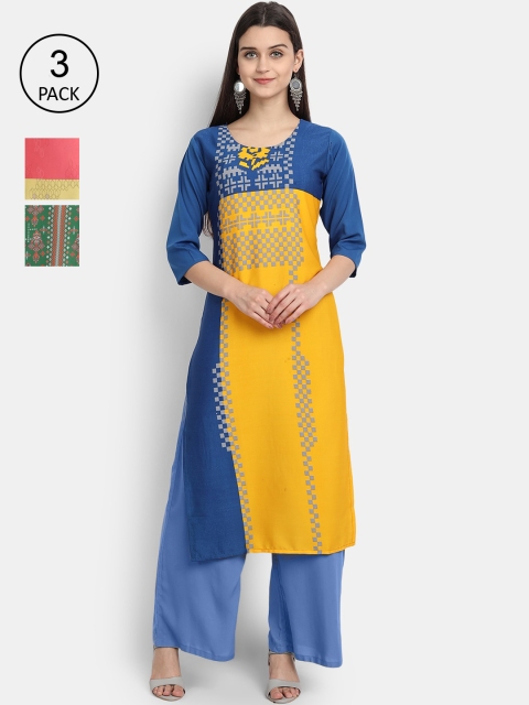 

Ethnic basket Women Yellow & Green Geometric Printed Crepe Kurta Pack Of 3