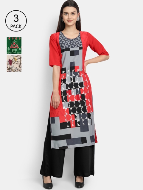 

Ethnic basket Women Pack Of 3 Multicoloured Ethnic Motifs Printed Crepe Kurta, Multi