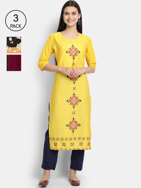 

Ethnic basket Women Pack of 3 Digital Printed Straight Kurtas, Yellow