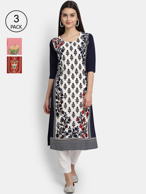 

Ethnic basket Women Pack of 3 Ethnic Motifs Printed Crepe Kurta, Red
