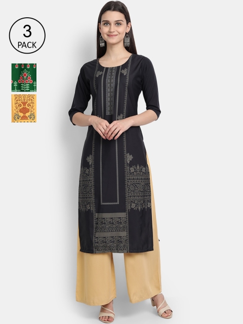 

Ethnic basket Women Pack Of 3 Straight Kurtas, Yellow
