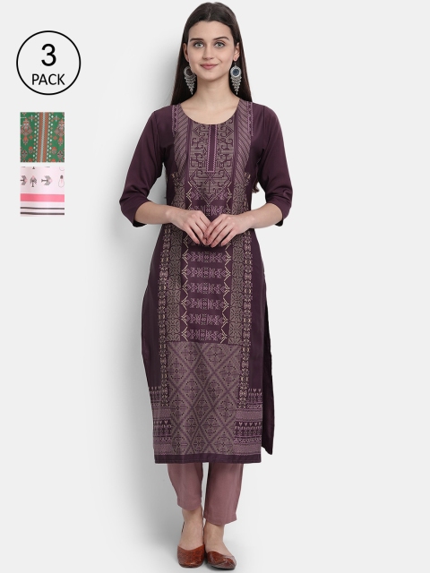 

Ethnic basket Women Pack Of 3 Multicoloured Ethnic Motifs Printed Crepe Kurta, Multi