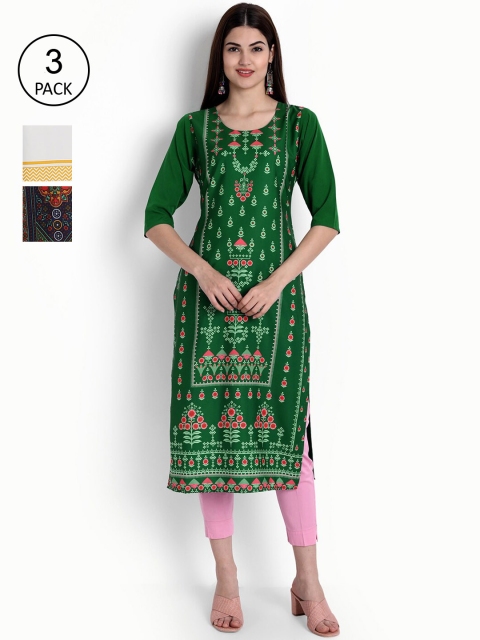 

Ethnic basket Women Pack Of 3 Digital Printed Crepe Kurta, Green