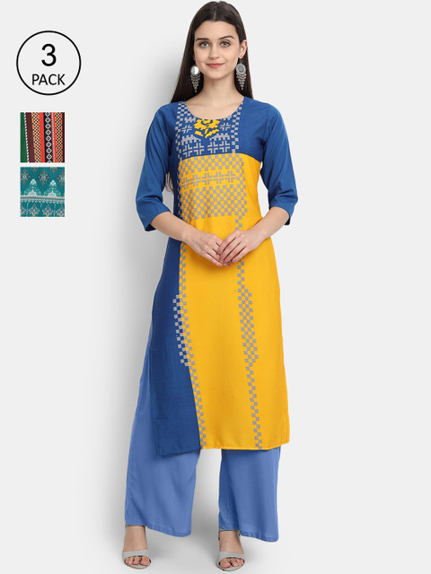 

Ethnic basket Women Pack of 3 Ethnic Motifs Printed Crepe Kurta, Yellow