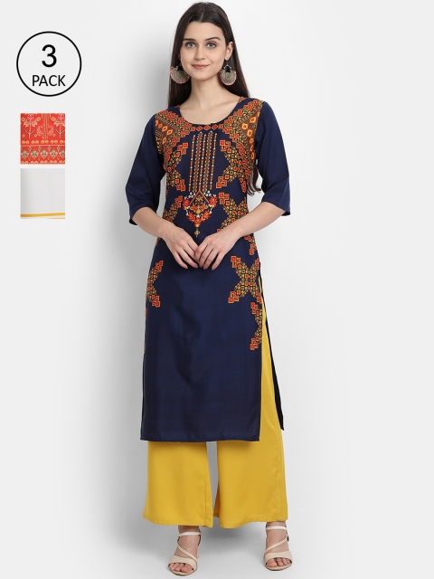 

Ethnic basket Women Pack Of 3 Multicoloured Ethnic Motifs Printed Crepe Kurta, Multi