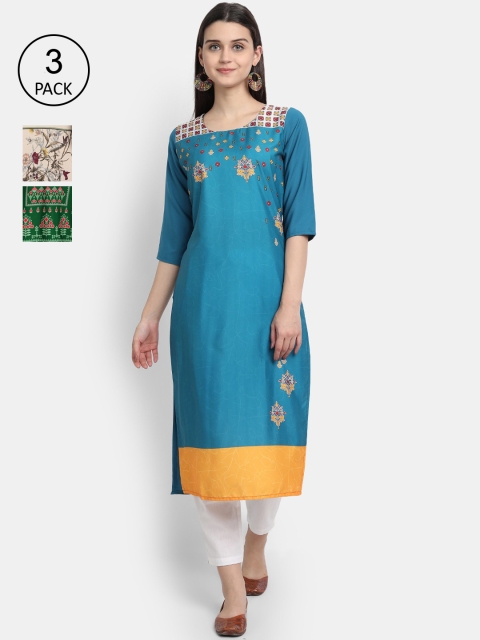 

Ethnic basket Women Pack Of 3 Straight Kurtas, Blue