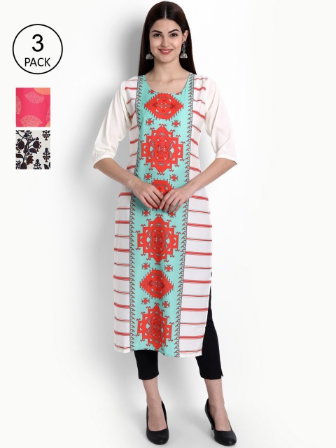 

Ethnic basket Women Pack Of 3 Digital Printed Crepe Kurta, White