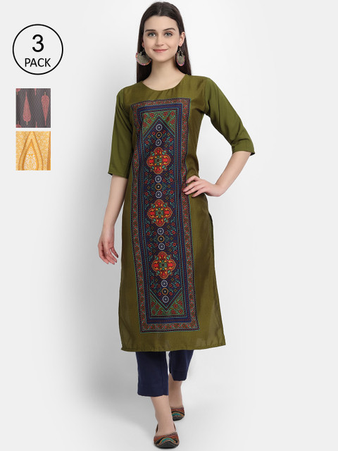 

Ethnic basket Women Pack Of 3 Multicoloured Ethnic Motifs Printed Crepe Kurta, Multi