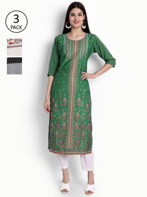 

Ethnic basket Women Green & Black Floral Printed Crepe Kurta Pack Of 3