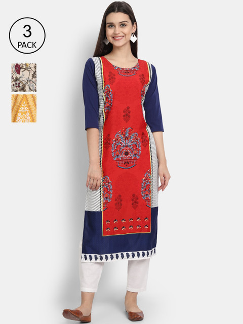 

Ethnic basket Women Pack Of 3 Multicoloured Ethnic Motifs Printed Crepe Kurta, Multi