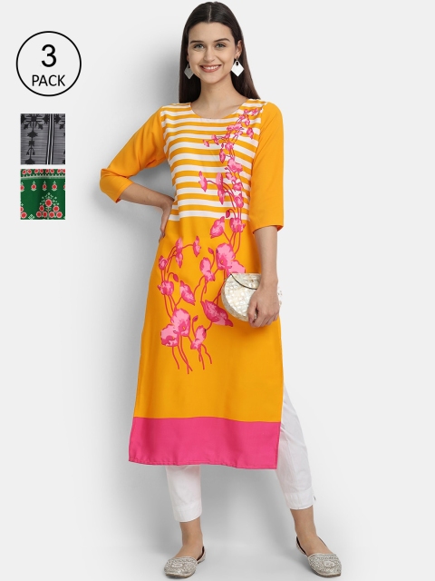

Ethnic basket Women Yellow & Green Pack Of 3 Floral Printed Kurta
