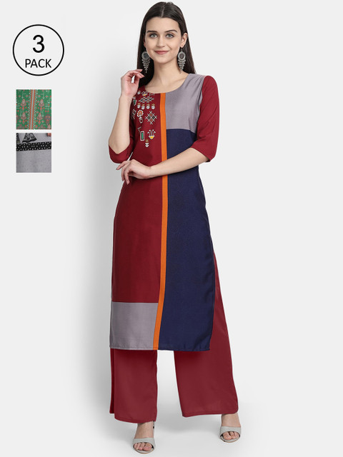 

Ethnic Basket Women Pack Of 3 Digital Print Straight Kurtas, Multi