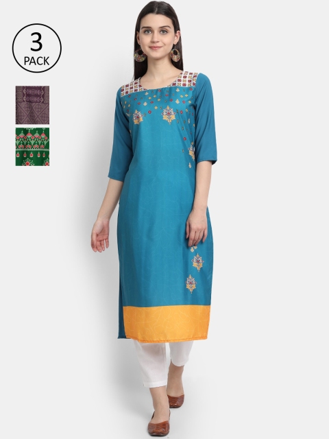 

Ethnic basket Women Pack of 3 Floral Printed Crepe Kurta, Blue