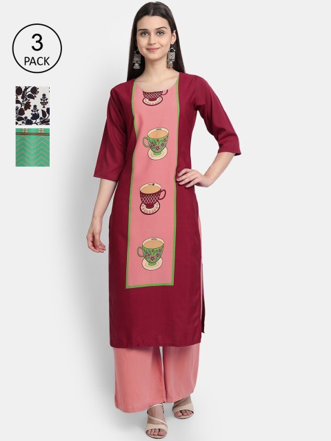 

Ethnic basket Women Pack of 3 Multicoloured Ethnic Motifs Printed Crepe Kurta, Multi
