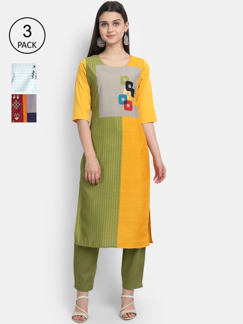 

Ethnic basket Women Pack of 3 Yellow & Sea Green Colourblocked Crepe Kurtas