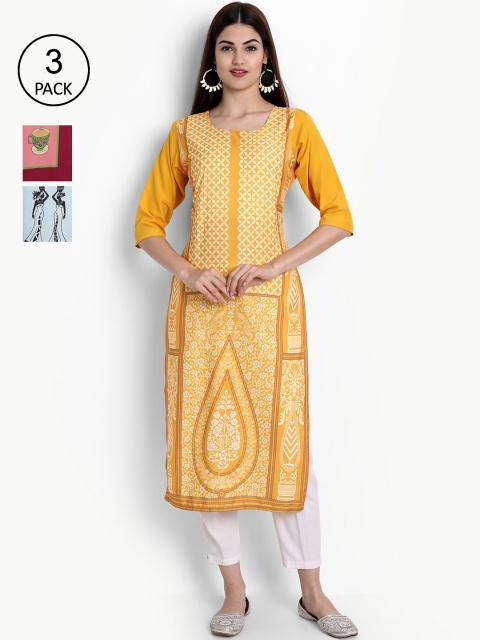 

Ethnic basket Women Pack of 3 Yellow & Red Ethnic Motifs Printed Crepe Kurtas