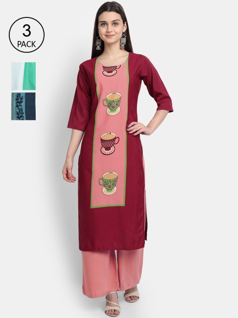 

Ethnic basket Women Pack Of 3 Straight Kurtas, Maroon